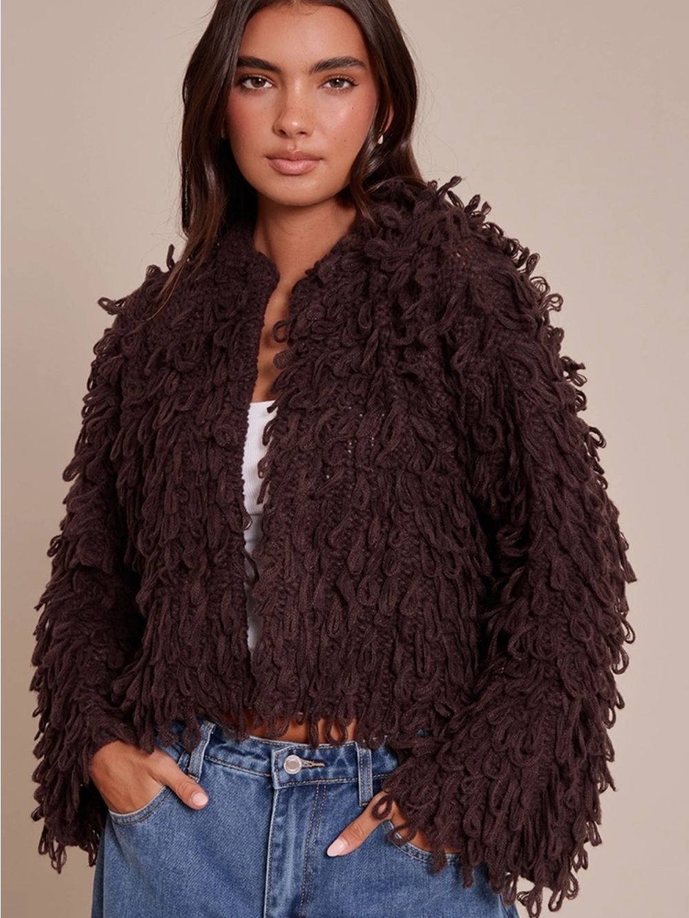 Pretty Little Thing NWT Boho Retro Chocolate Loop Knit Shaggy Cardigan M